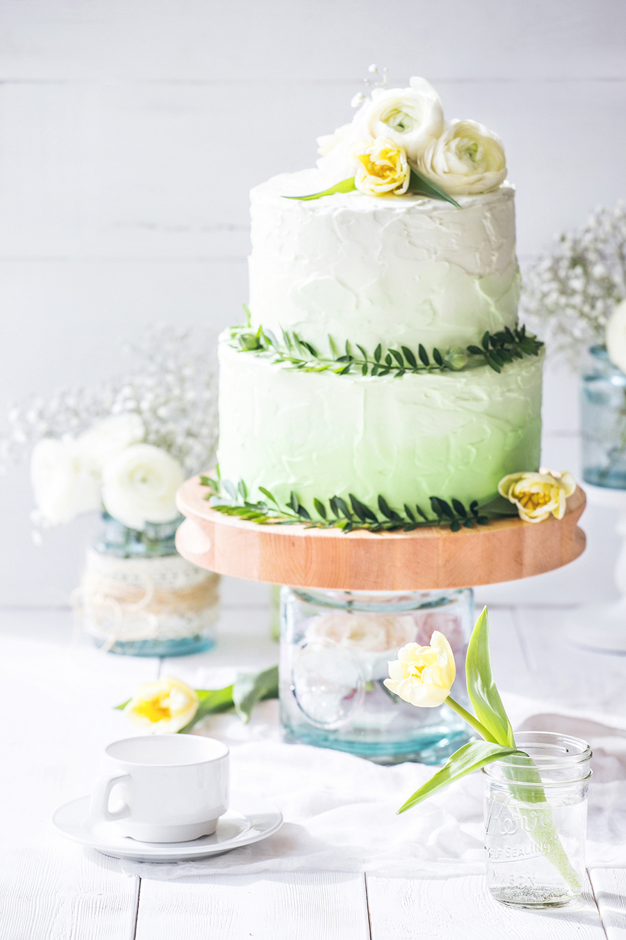 simple two tiered green obre wedding cake