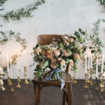 Peach, Periwinkle and Gold Wedding Inspiration candles and bouquet