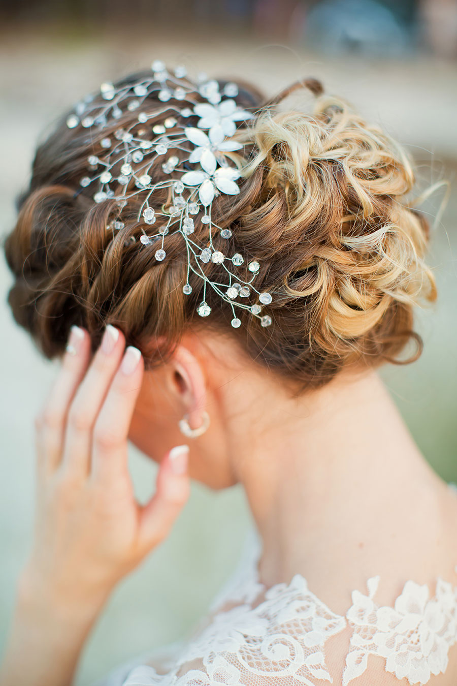 Soft Romantic Pastel Peach Wedding Inspiration Bride with vintage hairpiece