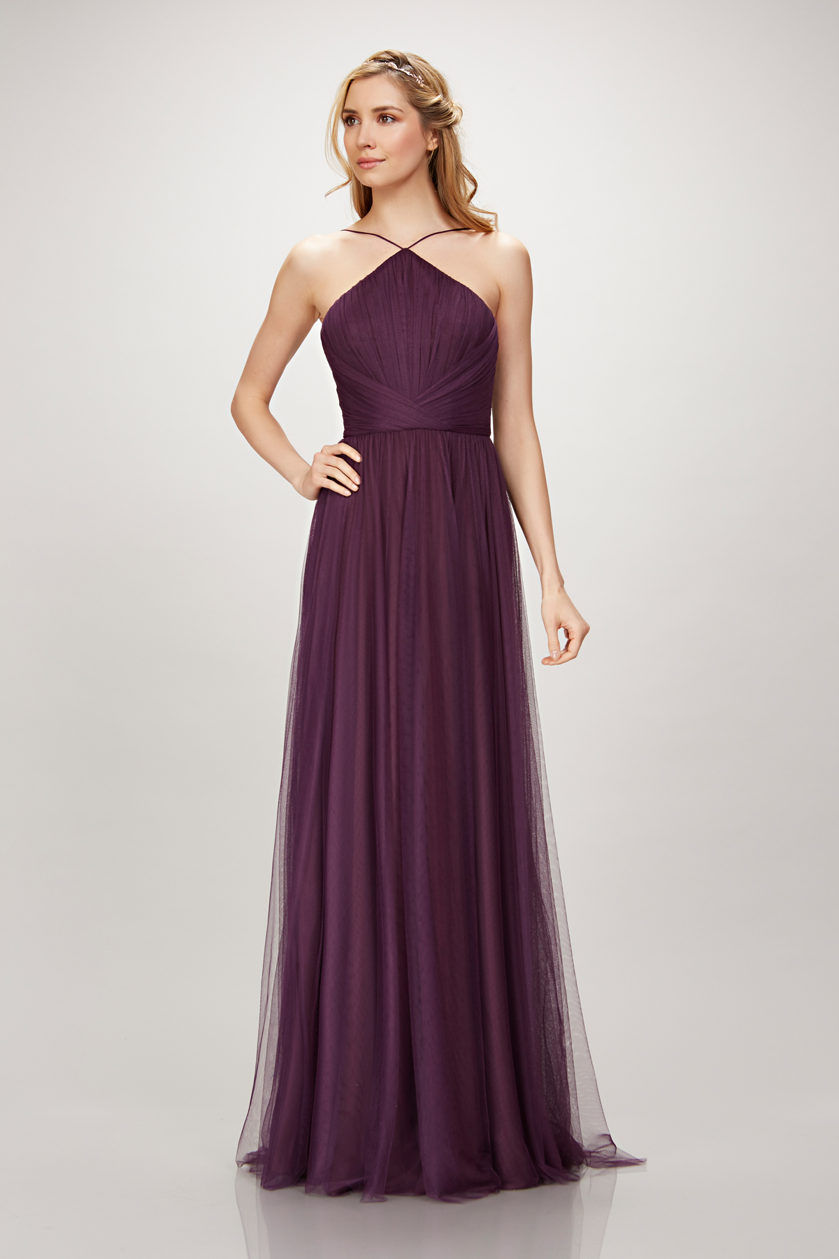 Theia Plum Halter Bridesmaid Gown for outdoor wedding